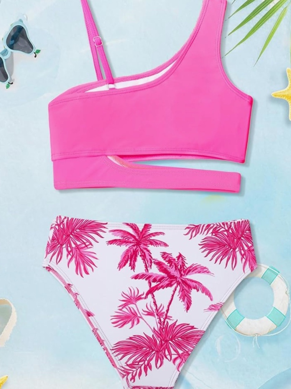 NEW- 13-14 Girls Pink One-Shoulder Cutout Bikini Top with Tropical Print Bottoms - Picture 4 of 8